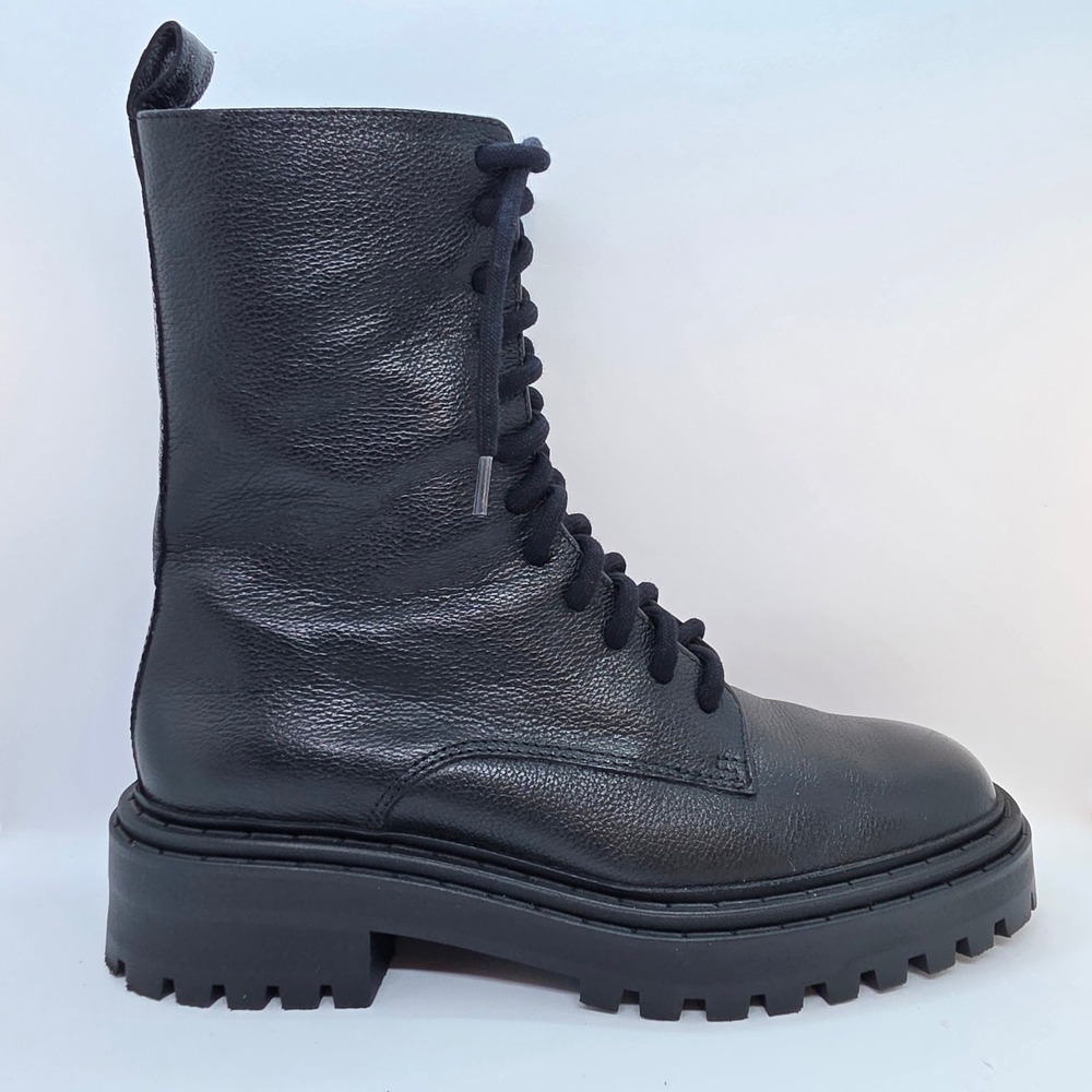 Massimo Dutti Black Leather Lace Up Combat Boots Side Zip Lug Sole 1102/850/800 - Picture 9 of 10